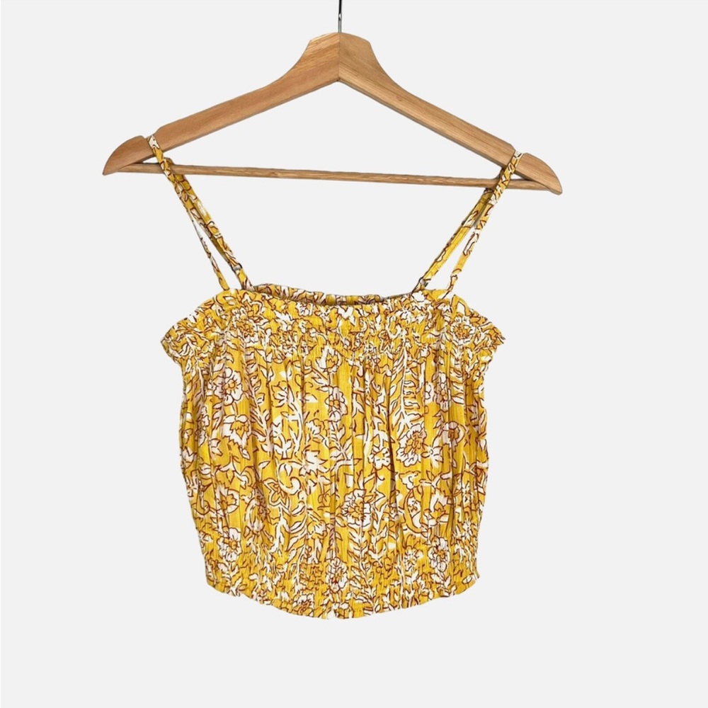 Billabong Straight Seas Floral Crop Top Sz L Smocked Vintage Yellow Sleeveless
